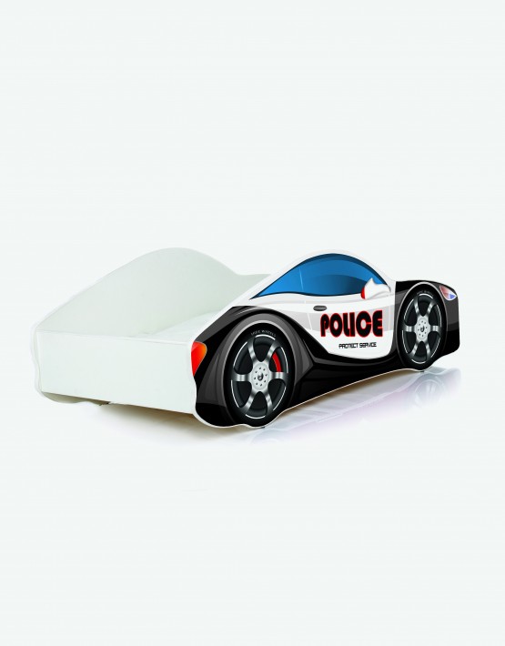 Auto-Kinderbett Nobiko mit Matratze und Lattenrost Grau-Schwarz mit weisser Beschriftung 13 140x70cm