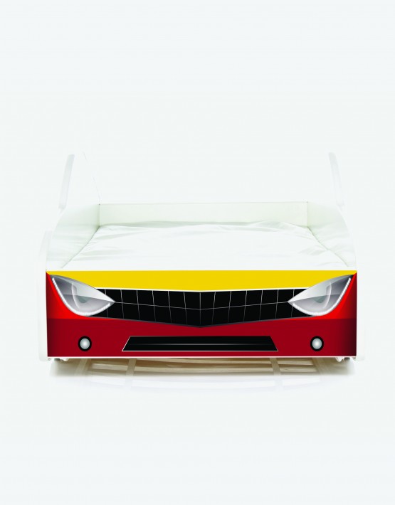 Auto-Kinderbett Nobiko mit Matratze und Lattenrost Rot mit gelber Beschriftung 10 140x70cm