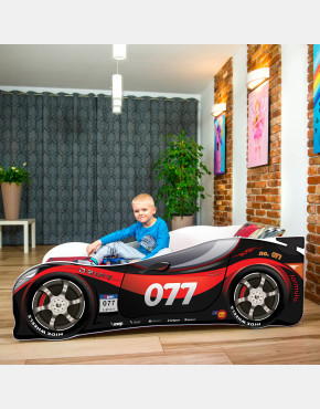 Nobiko Kinderbett und Spielbett in Auto-Form 140 x 70 cm Schwarz - Rot 077 Rennwagenmotive