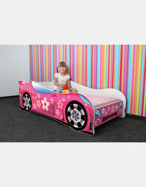 Nobiko Kinderbett und Spielbett in Auto-Form 180 X 80 cm Rosa Rennwagenmotive